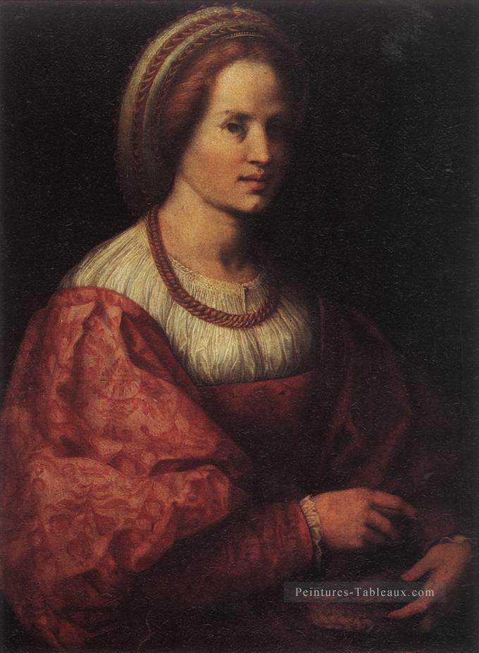 Portrait d’une femme avec un panier de broches renaissance maniérisme Andrea del Sarto Peintures à l'huile